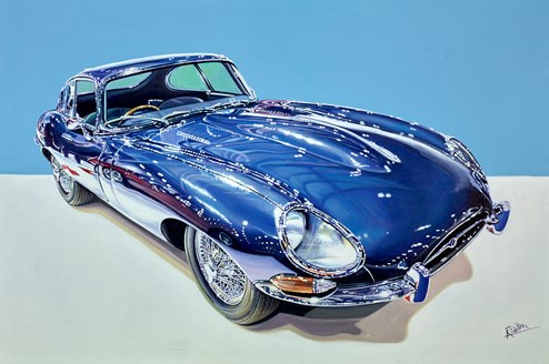 1961 E Type Jaguar by Roz Wilson - Varnished Original Painting on Box Canvas